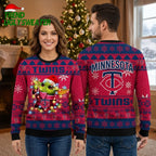 Minnesota Twins Baby Yoda Wrapped In Christmas Lights Ugly Christmas Sweater