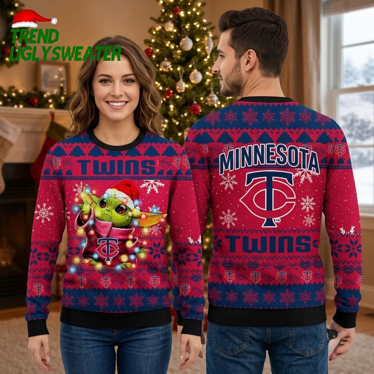 Minnesota Twins Baby Yoda Wrapped In Christmas Lights Ugly Christmas Sweater