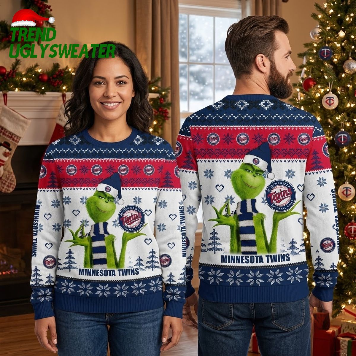 Minnesota Twins Grinch Santa Hat Snowflake Ugly Christmas Sweater