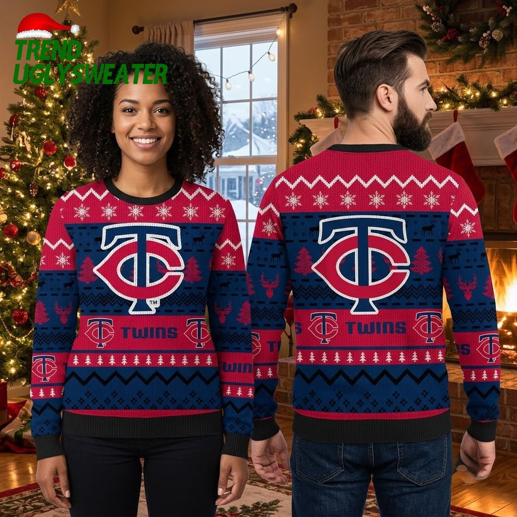 Minnesota Twins Logo Snowflake And Christmas Tree Ugly Christmas Sweater