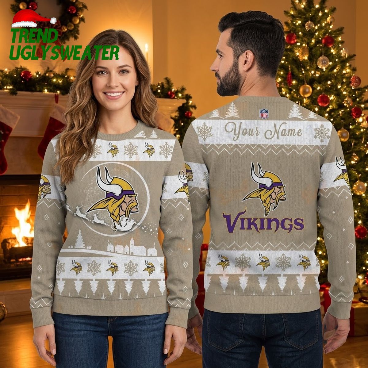 Minnesota Vikings Custom Name Nordic Snowflake Ugly Christmas Sweater