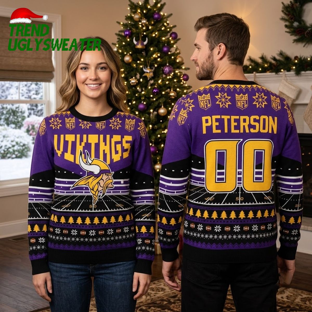 Minnesota Vikings Football Field Mascot Personalized Custom Name And Number Ugly Christmas Sweater