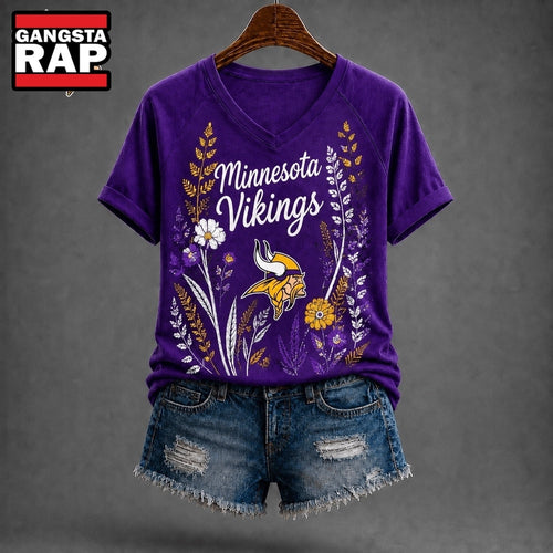 Minnesota Vikings NFL Floral Garden V Neck T Shirt
