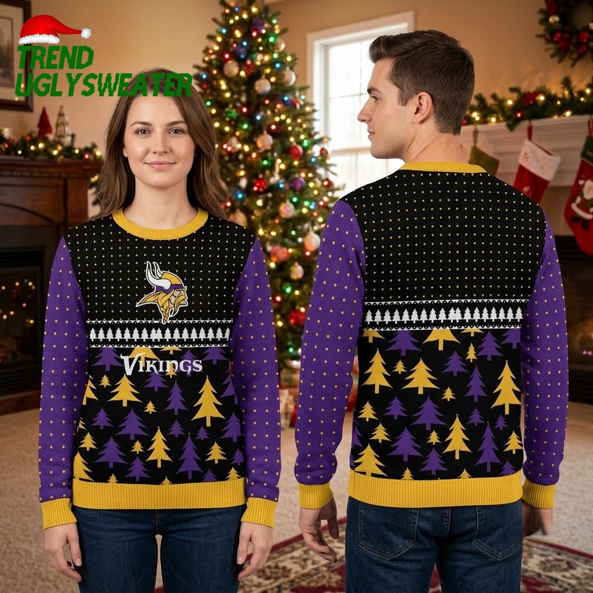 Minnesota Vikings Reindeer Logo Christmas Trees Ugly Christmas Sweater