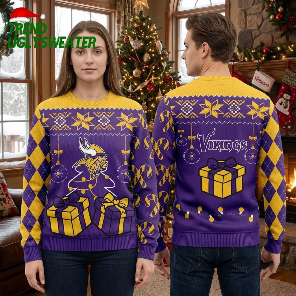 Minnesota Vikings Santa Hat Mascot And Gift Boxes Ugly Christmas Sweater