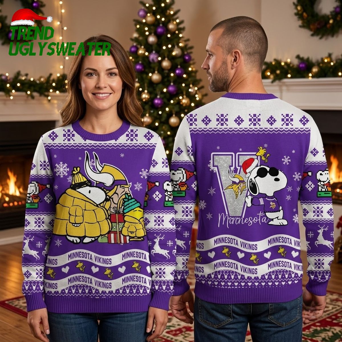 Minnesota Vikings Snoopy And Mascot Ugly Christmas Sweater