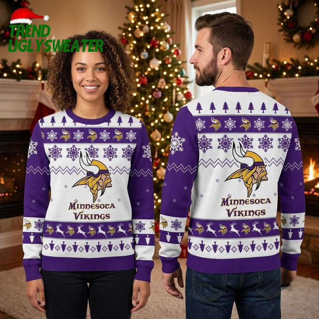 Minnesota Vikings Viking Logo And Snowflake Pattern Ugly Christmas Sweater