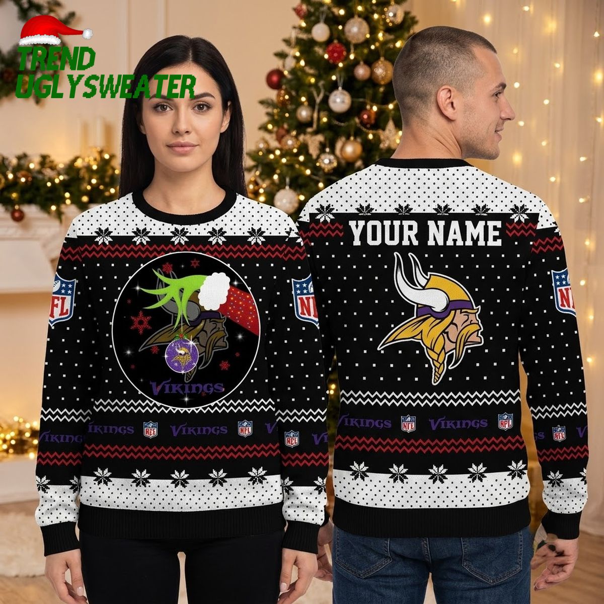 Minnesota Vikings Viking Mascot Personalized Custom Name Ugly Christmas Sweater
