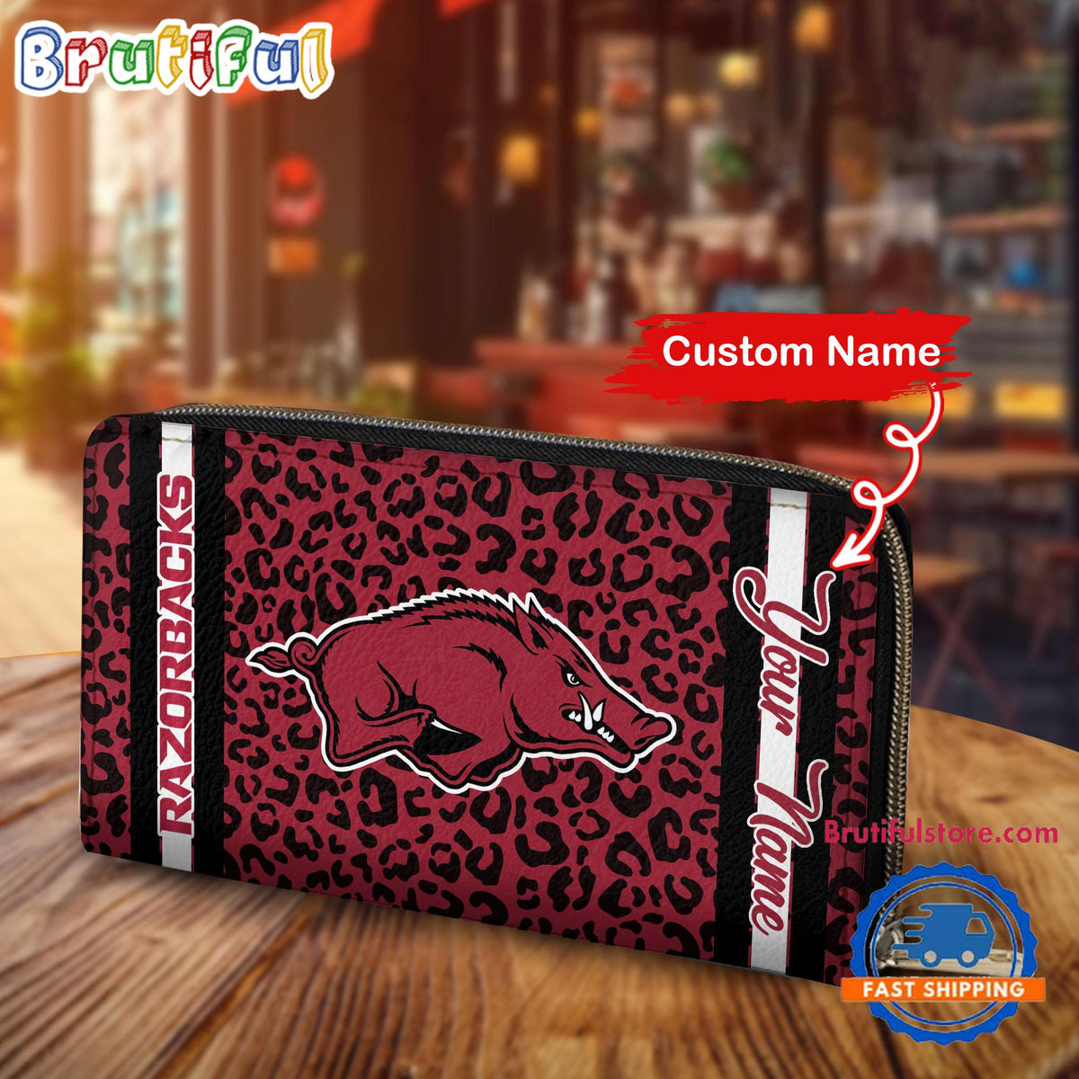 NCAA Arkansas Razorbacks Leopard Women’s Zip Around Wallet, Sporty Women’s Wallet