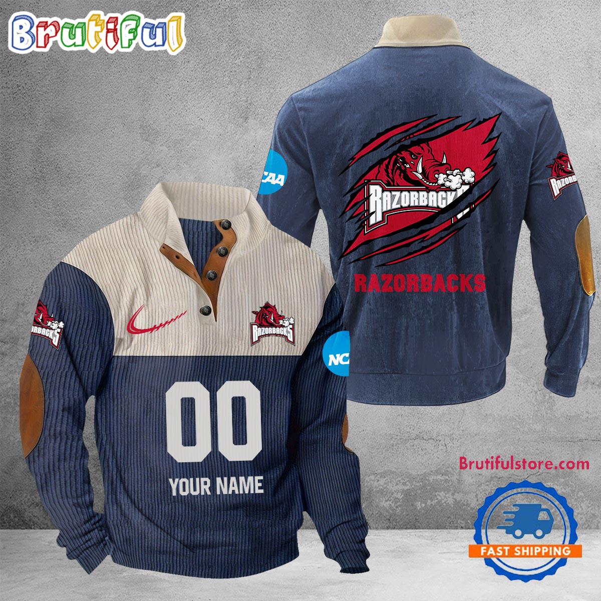 NCAA Arkansas Razorbacks Sport Team Custom Name And Number Buttoned Collar Sweatshirt