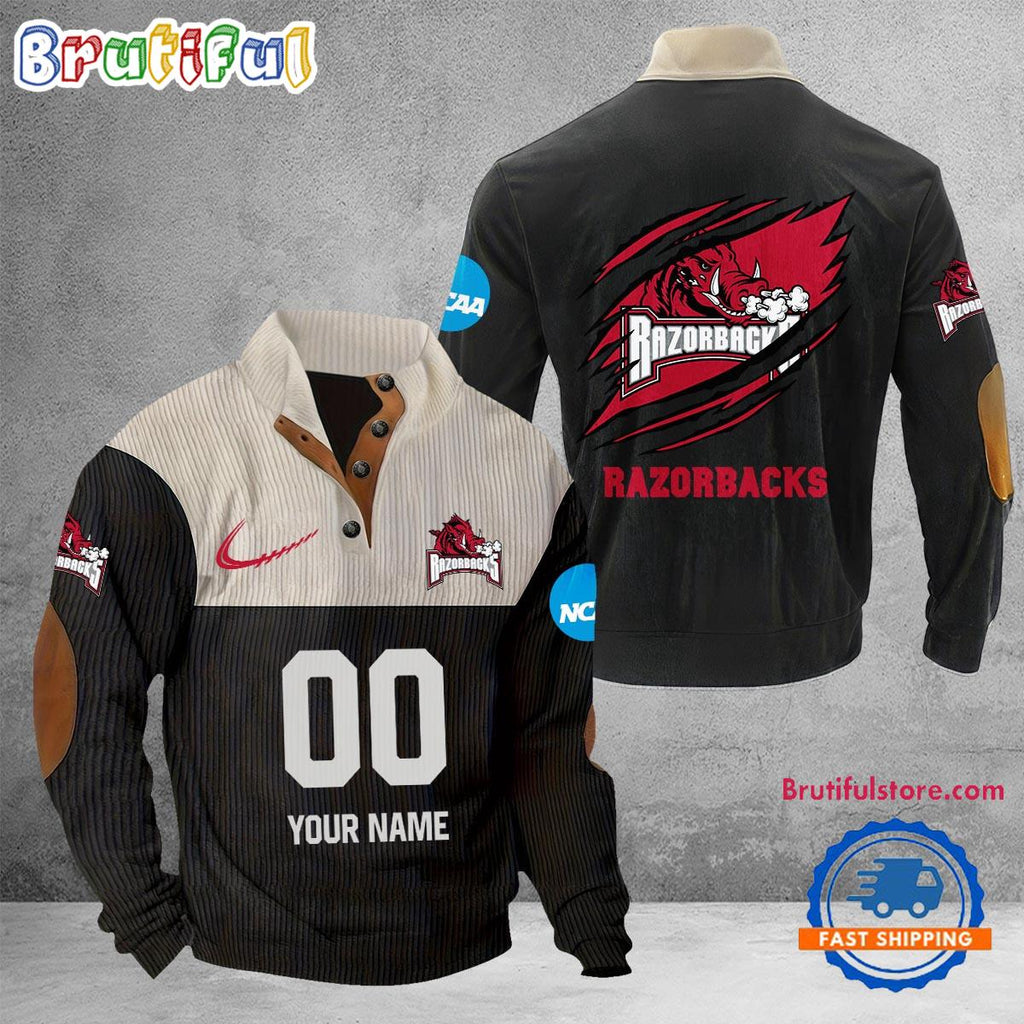 NCAA Arkansas Razorbacks Sport Team Custom Name And Number Buttoned Collar Sweatshirt
