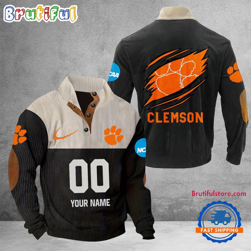 NCAA Clemson Tigers Sport Team Custom Name And Number Buttoned Collar Sweatshirt