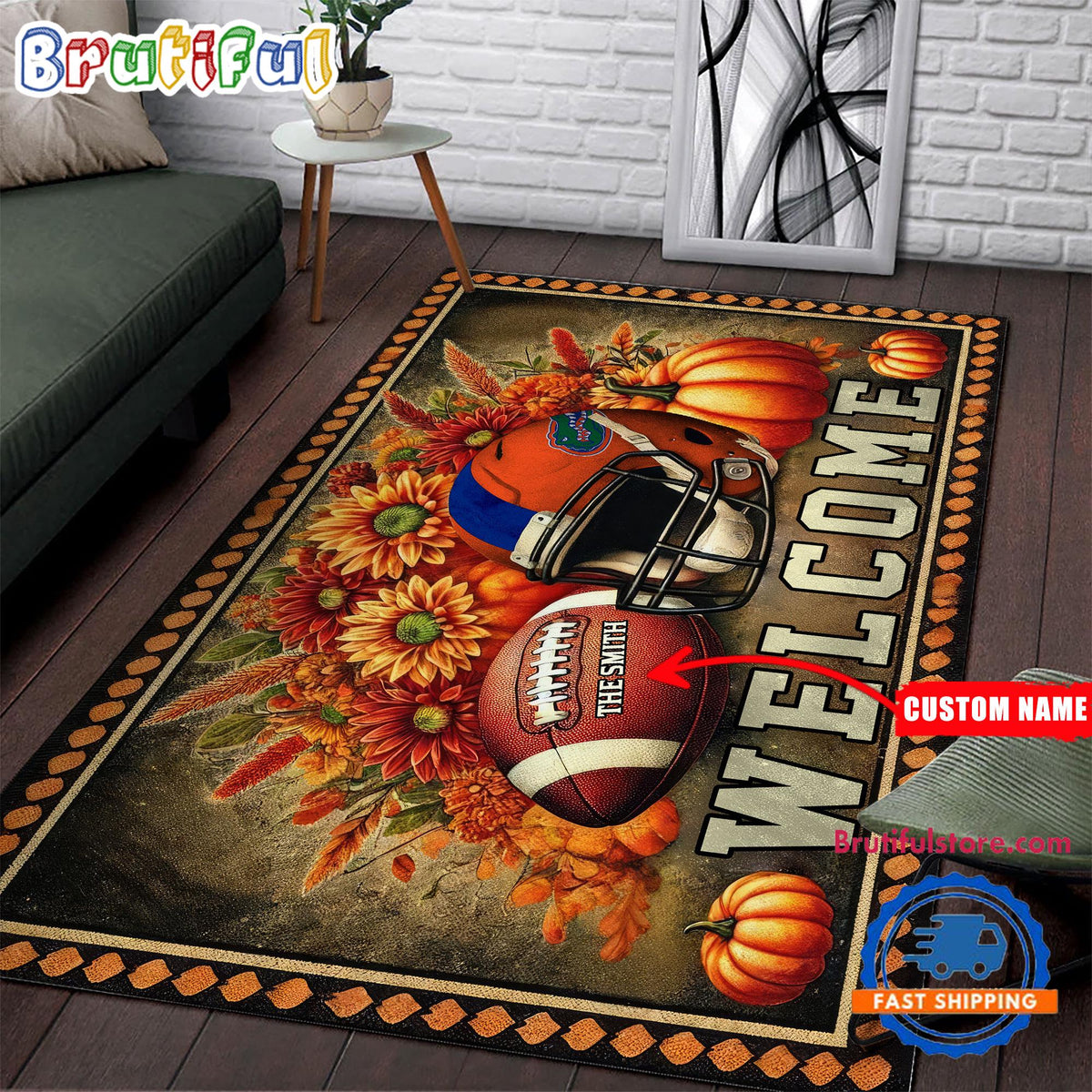 NCAA Florida Gators Pumpkin Flower Football Halloween Rectangle Rug