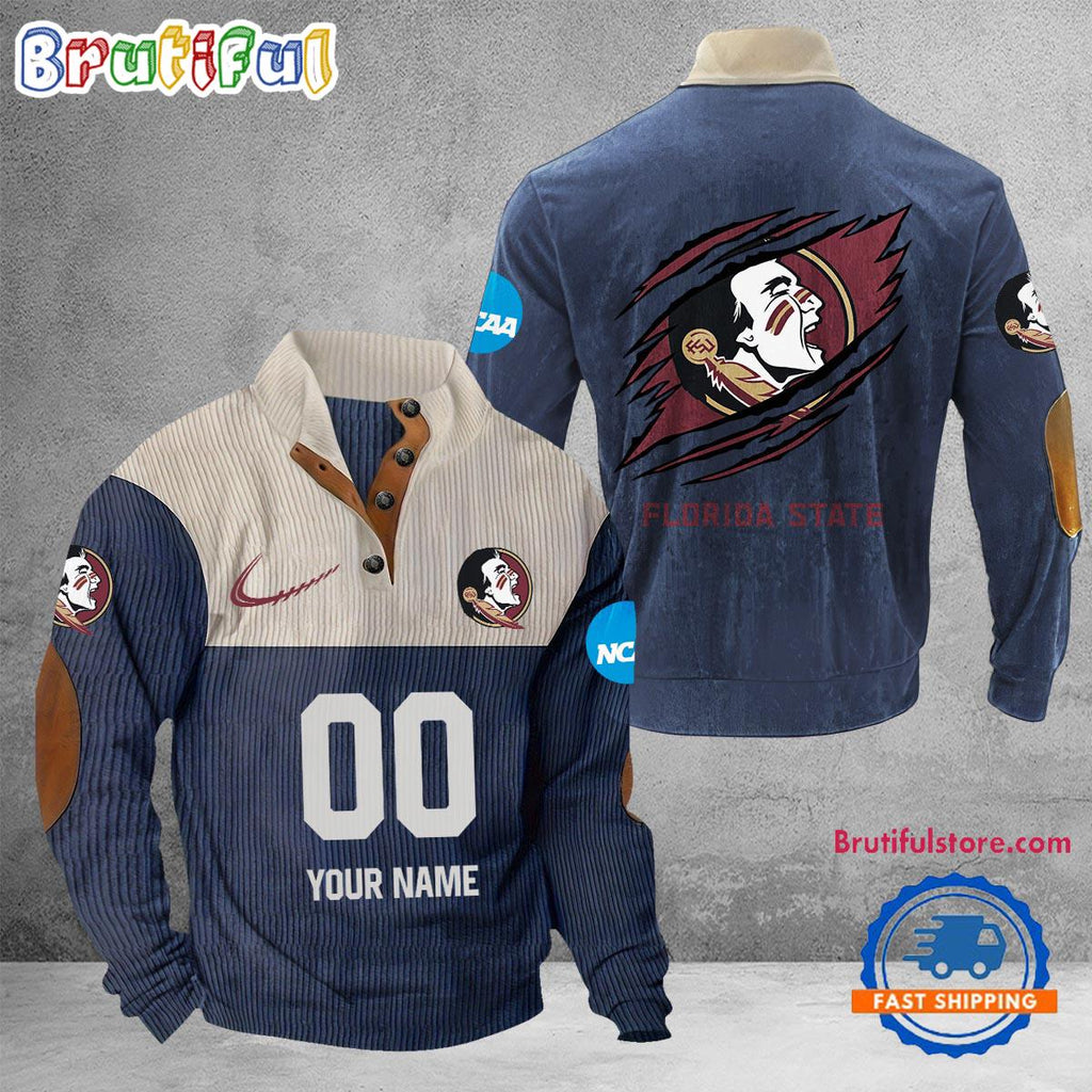 NCAA Florida State Seminoles Sport Team Custom Name And Number Buttoned Collar Sweatshirt