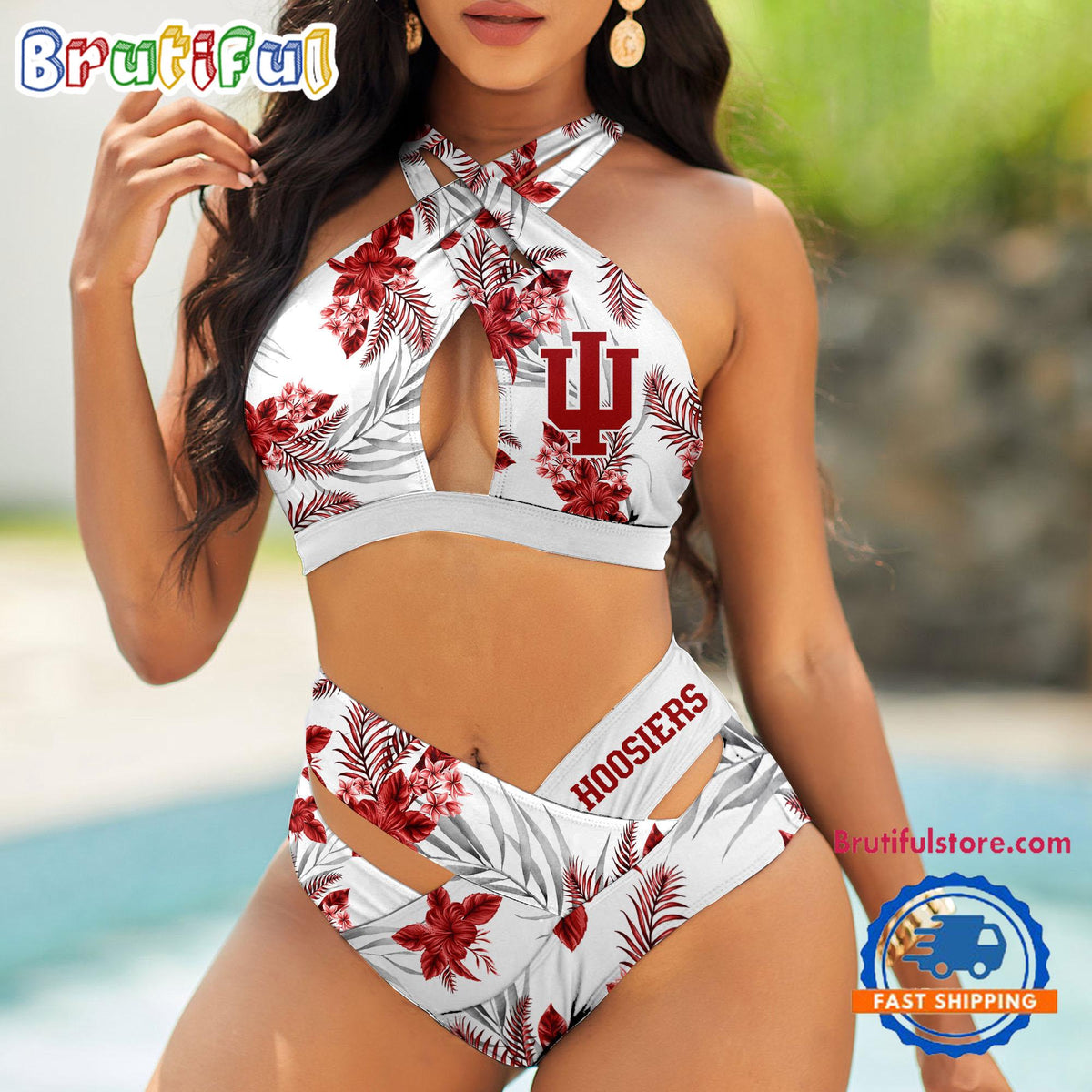NCAA Indiana Hoosiers Hawaiian Pattern Deisgn Women’s Bikini Set, Women’s Sporty Summer Bikini Set