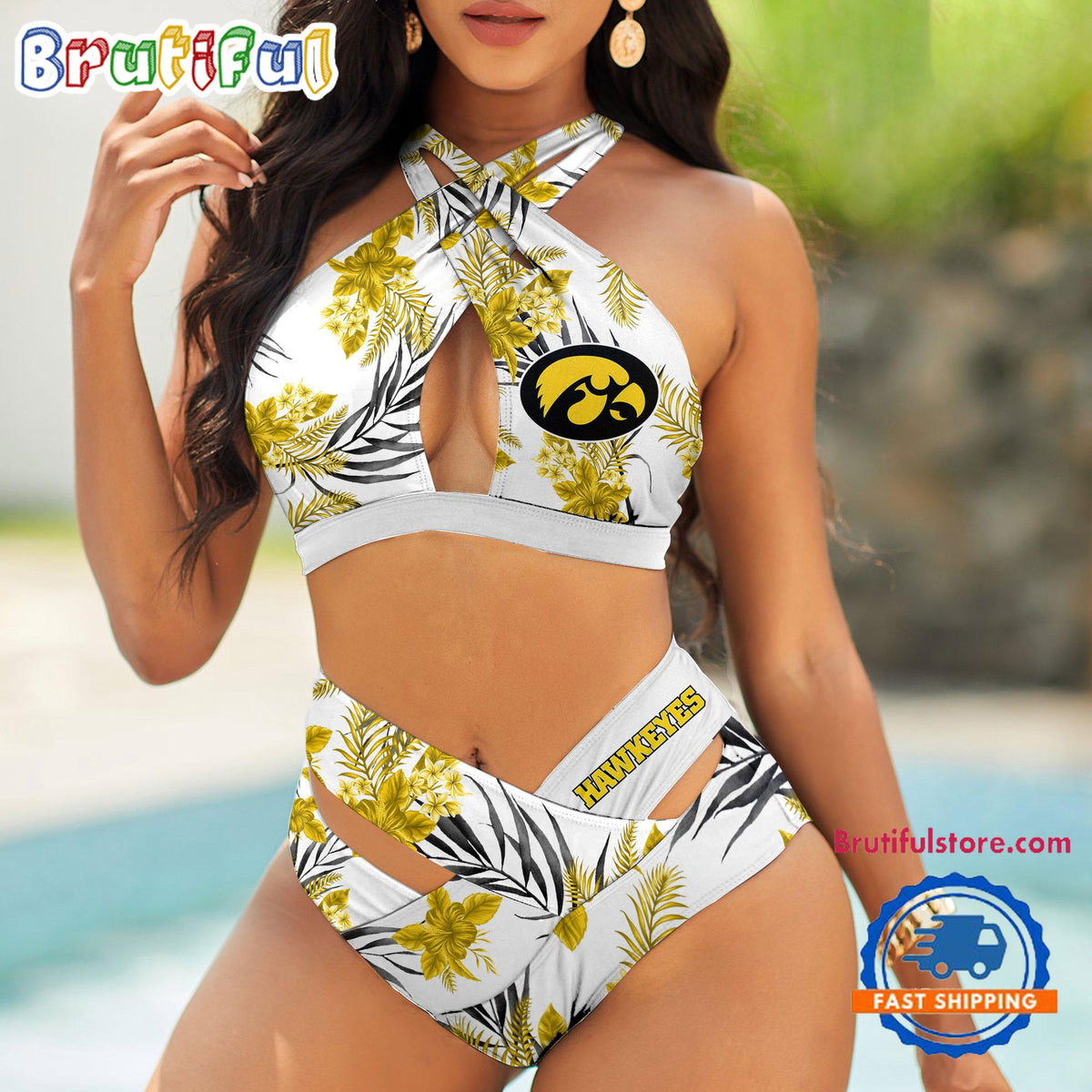 NCAA Iowa Hawkeyes Hawaiian Pattern Deisgn Women’s Bikini Set, Women’s Sporty Summer Bikini Set