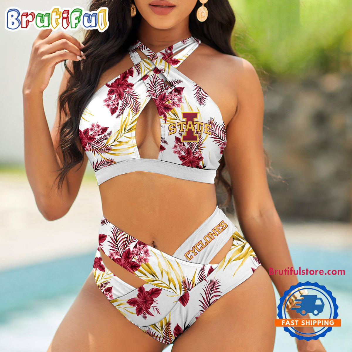 NCAA Iowa State Cyclones Hawaiian Pattern Deisgn Women’s Bikini Set, Women’s Sporty Summer Bikini Set
