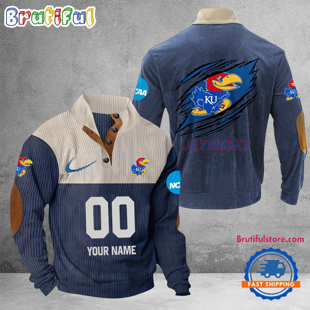 NCAA Kansas Jayhawks Sport Team Custom Name And Number Buttoned Collar Sweatshirt