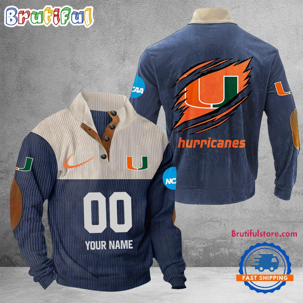 NCAA Miami Hurricanes Sport Team Custom Name And Number Buttoned Collar Sweatshirt
