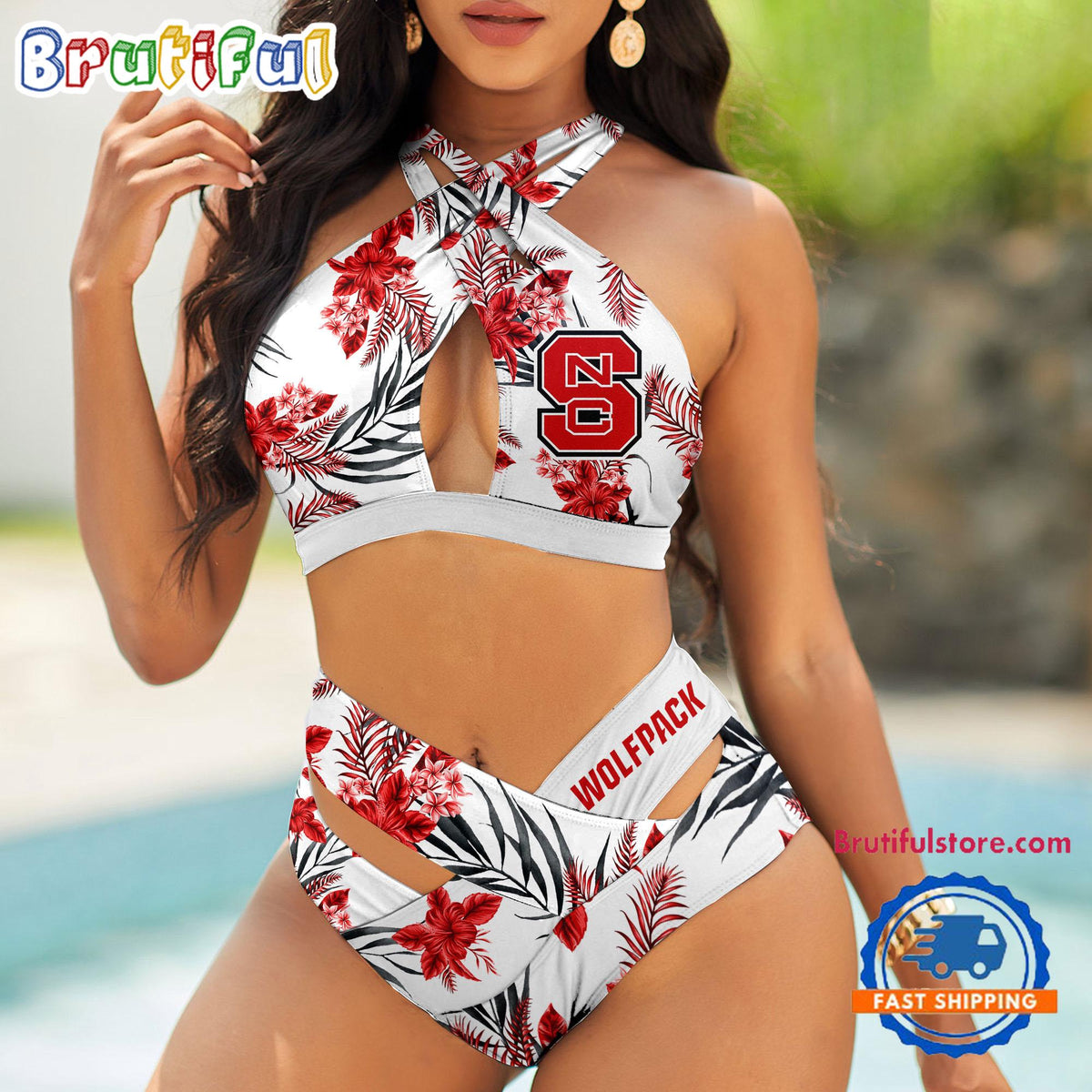 NCAA NC State Wolfpack Hawaiian Pattern Deisgn Women’s Bikini Set, Women’s Sporty Summer Bikini Set