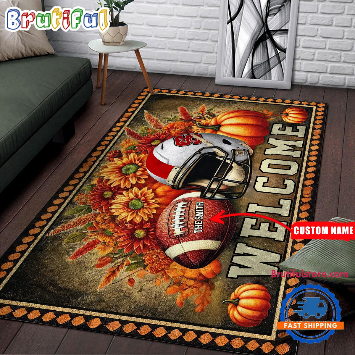 NCAA NC State Wolfpack Pumpkin Flower Football Halloween Rectangle Rug