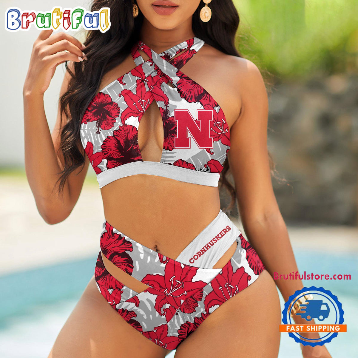 NCAA Nebraska Cornhuskers Hawaiian Pattern Summer Beach Women’s Bikini Set