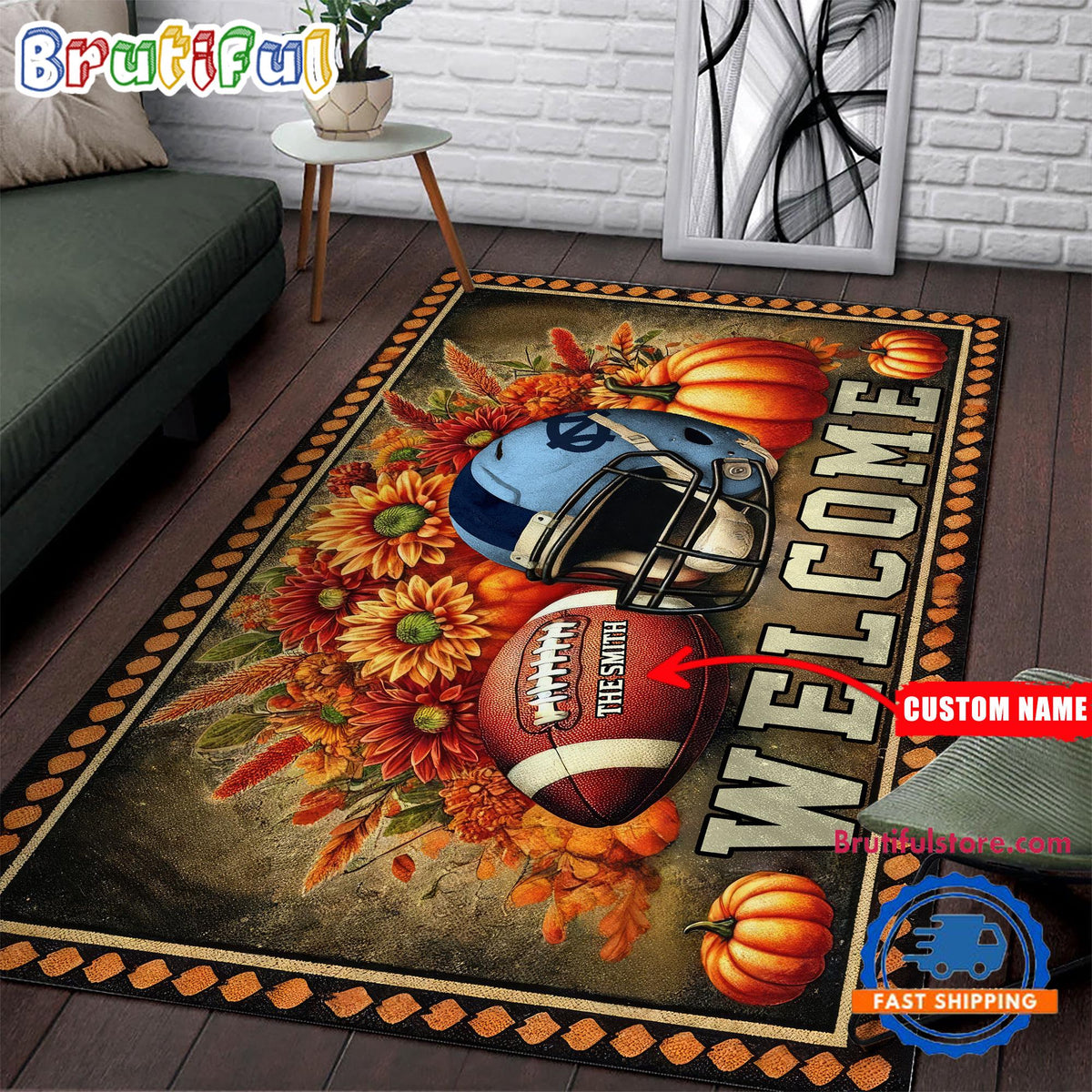 NCAA North Carolina Tar Heels Pumpkin Flower Football Halloween Rectangle Rug