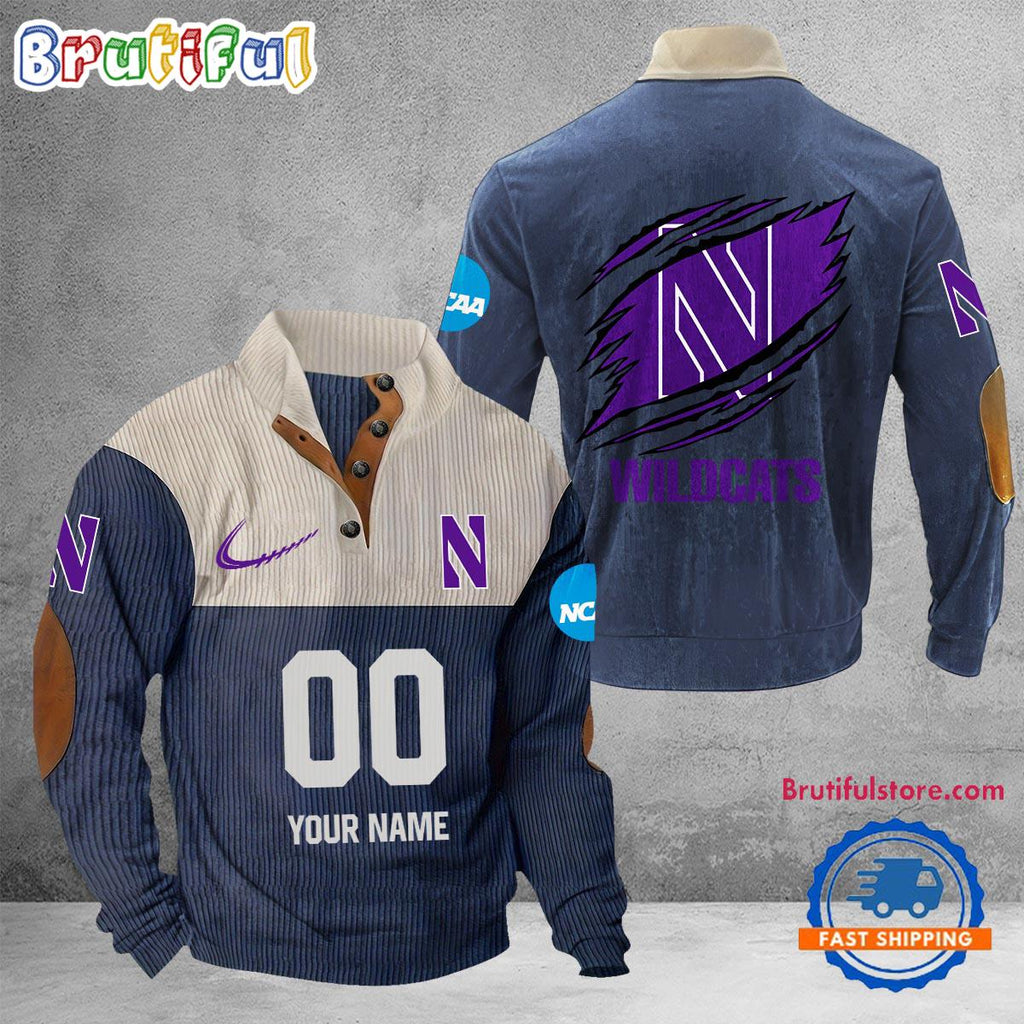 NCAA Northwestern Wildcats Sport Team Custom Name And Number Buttoned Collar Sweatshirt