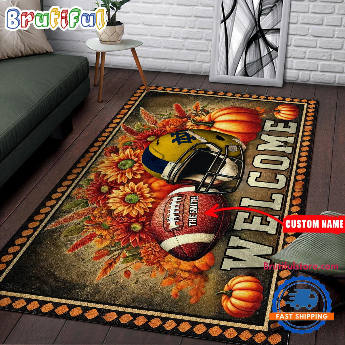 NCAA Notre Dame Fighting Irish Pumpkin Flower Football Halloween Rectangle Rug