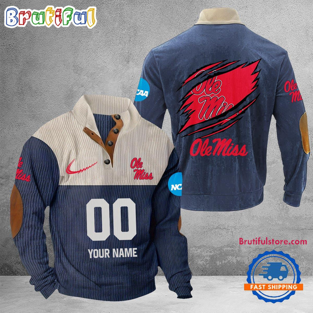 NCAA Ole Miss Rebels Sport Team Custom Name And Number Buttoned Collar Sweatshirt