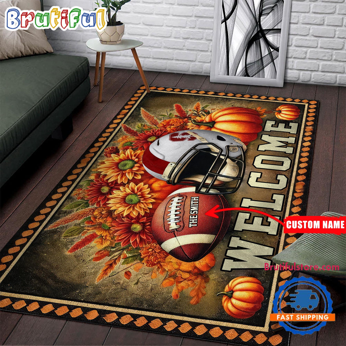 NCAA Stanford Cardinal Pumpkin Flower Football Halloween Rectangle Rug