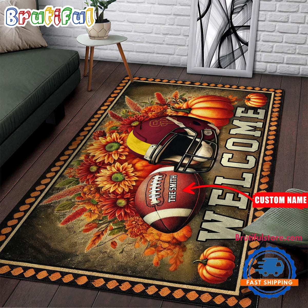 NCAA USC Trojans Pumpkin Flower Football Halloween Rectangle Rug