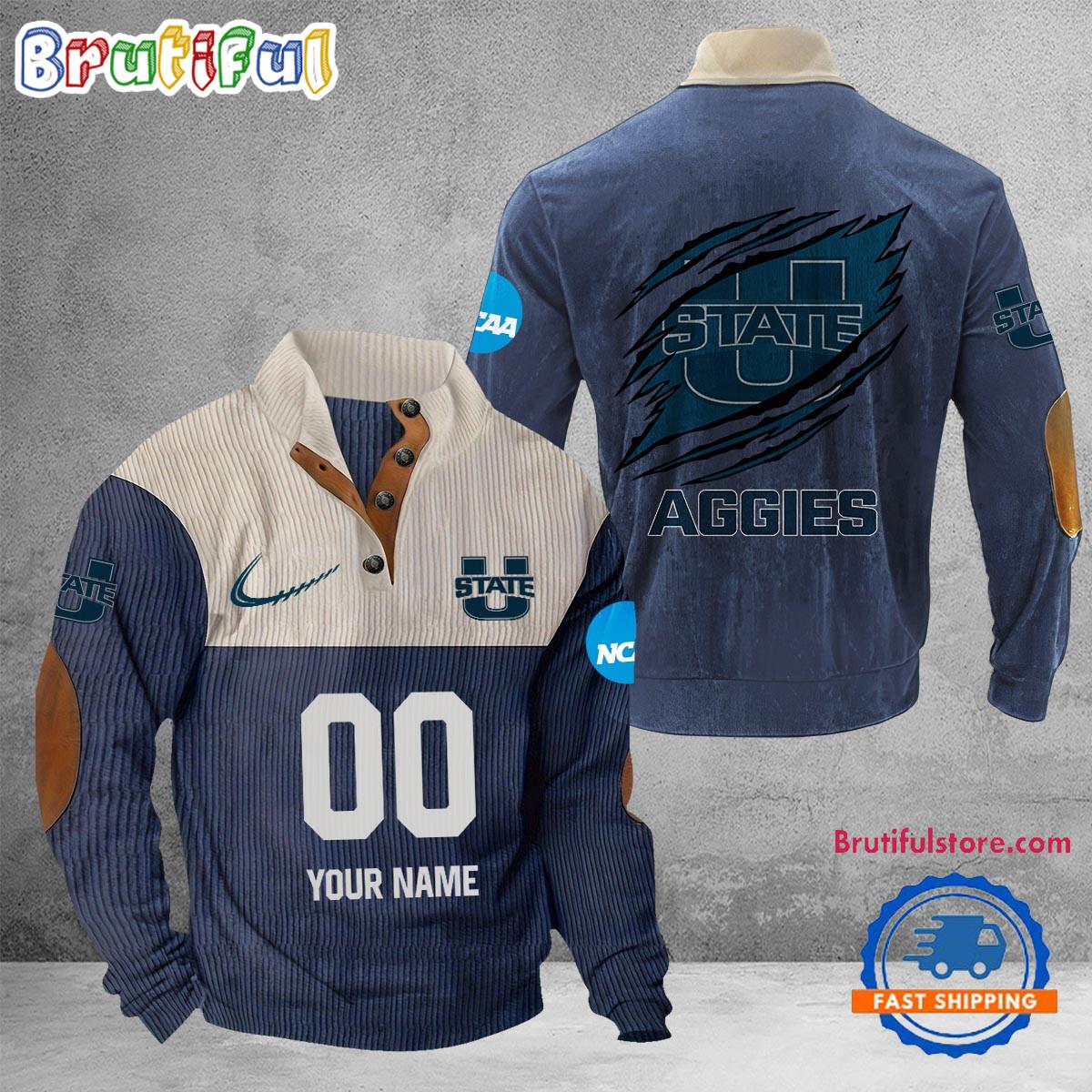 NCAA Utah State Aggies Sport Team Custom Name And Number Buttoned Collar Sweatshirt