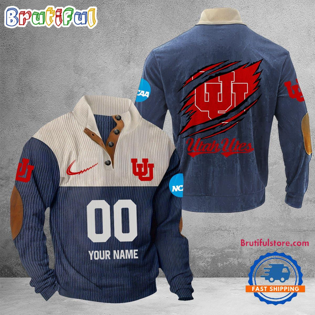NCAA Utah Utes Sport Team Custom Name And Number Buttoned Collar Sweatshirt