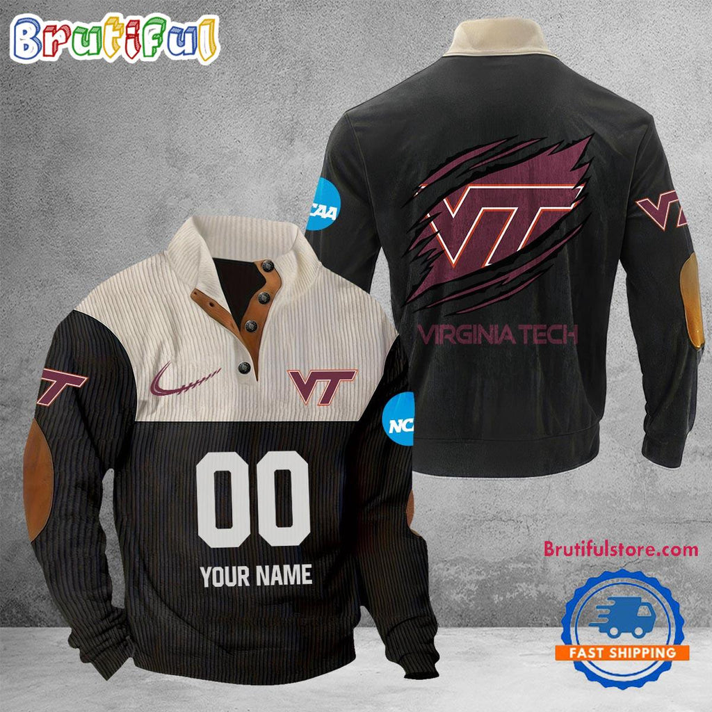 NCAA Virginia Tech Hokies Sport Team Custom Name And Number Buttoned Collar Sweatshirt
