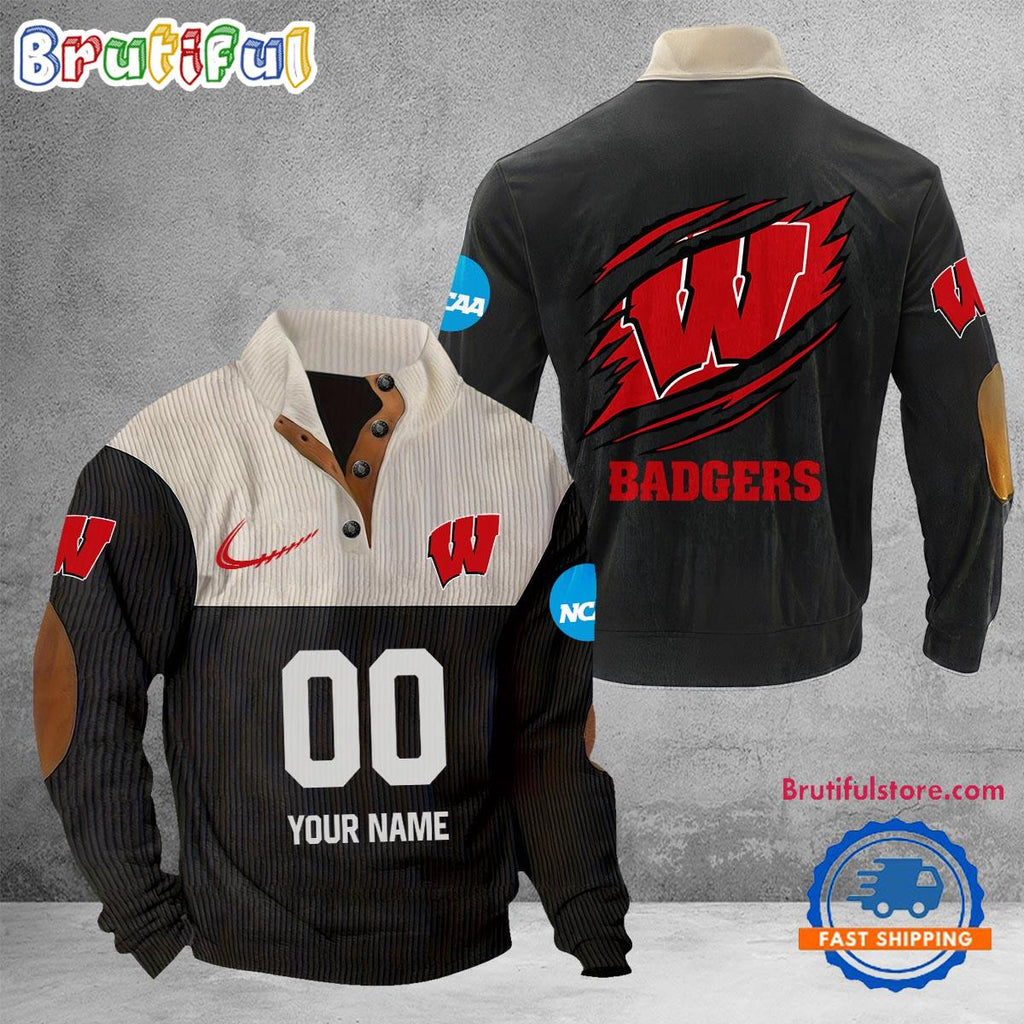 NCAA Wisconsin Badgers Sport Team Custom Name And Number Buttoned Collar Sweatshirt