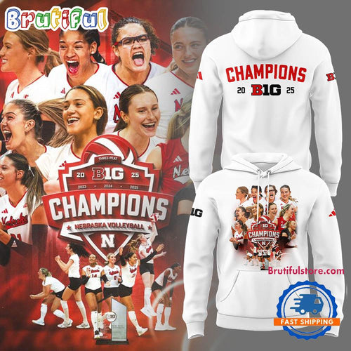 Nebraska Cornhuskers Volleyball Big 2025 Champions Team Graphic White Hoodie