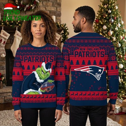 New England Patriots Grinch Holding Football Ugly Christmas Sweater