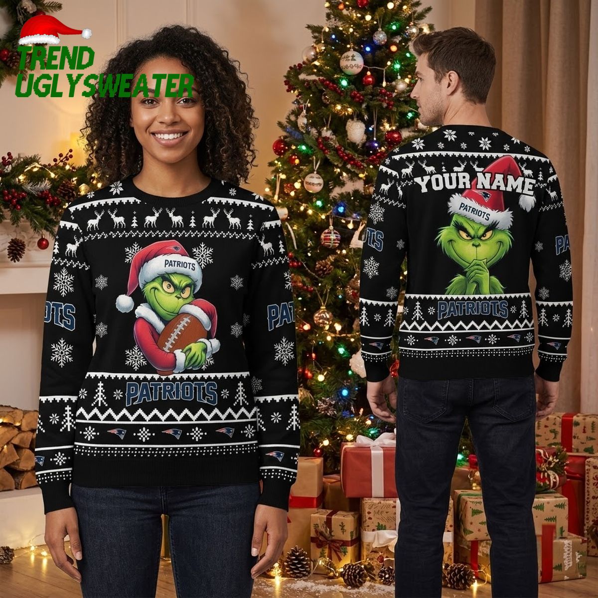 New England Patriots Grinch Playing Football Personalized Ugly Christmas Sweater