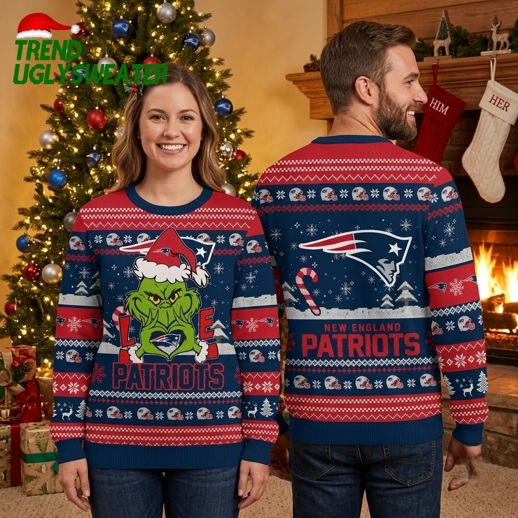 New England Patriots Grinch Santa Hat Ugly Christmas Sweater