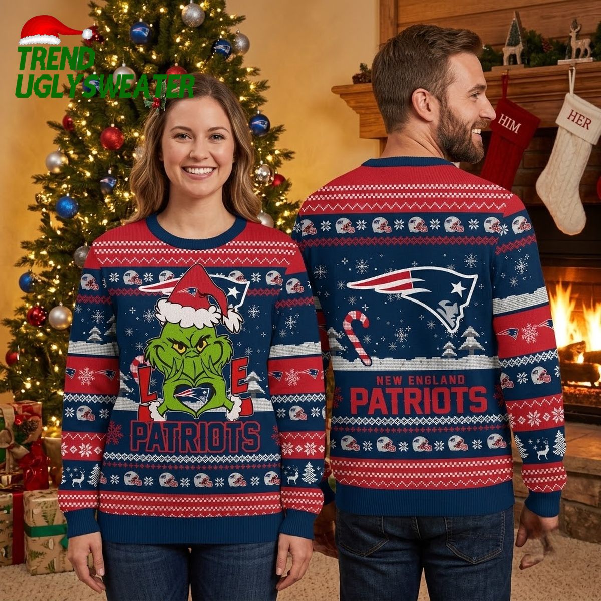 New England Patriots Grinch Santa Hat Ugly Christmas Sweater