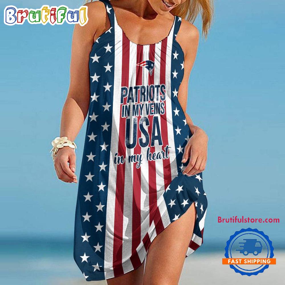 New England Patriots In My Veins USA In My Heart Independence Day Women’s Summer Beach Sling Dress