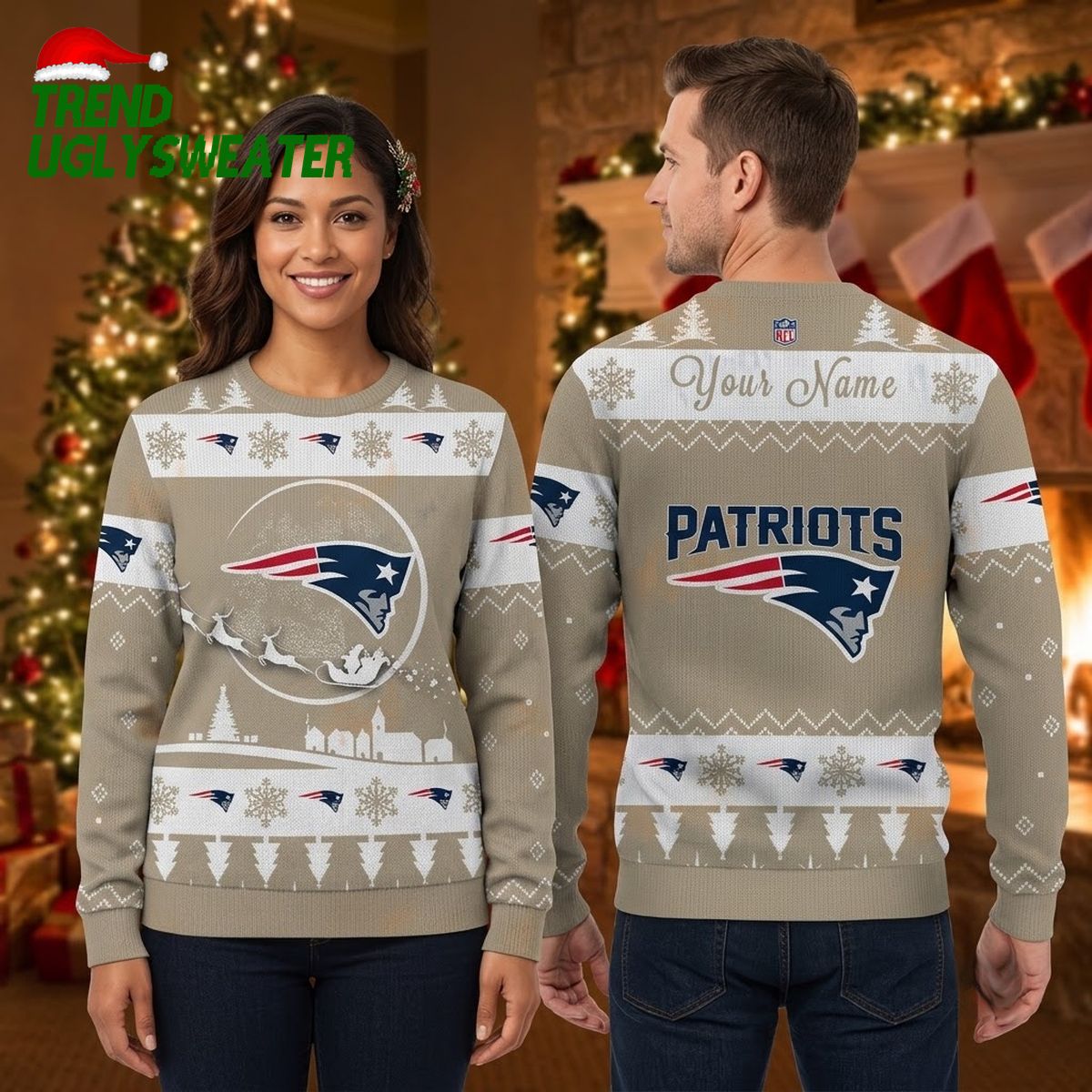 New England Patriots Logo Santa Sleigh Personalized Ugly Christmas Sweater