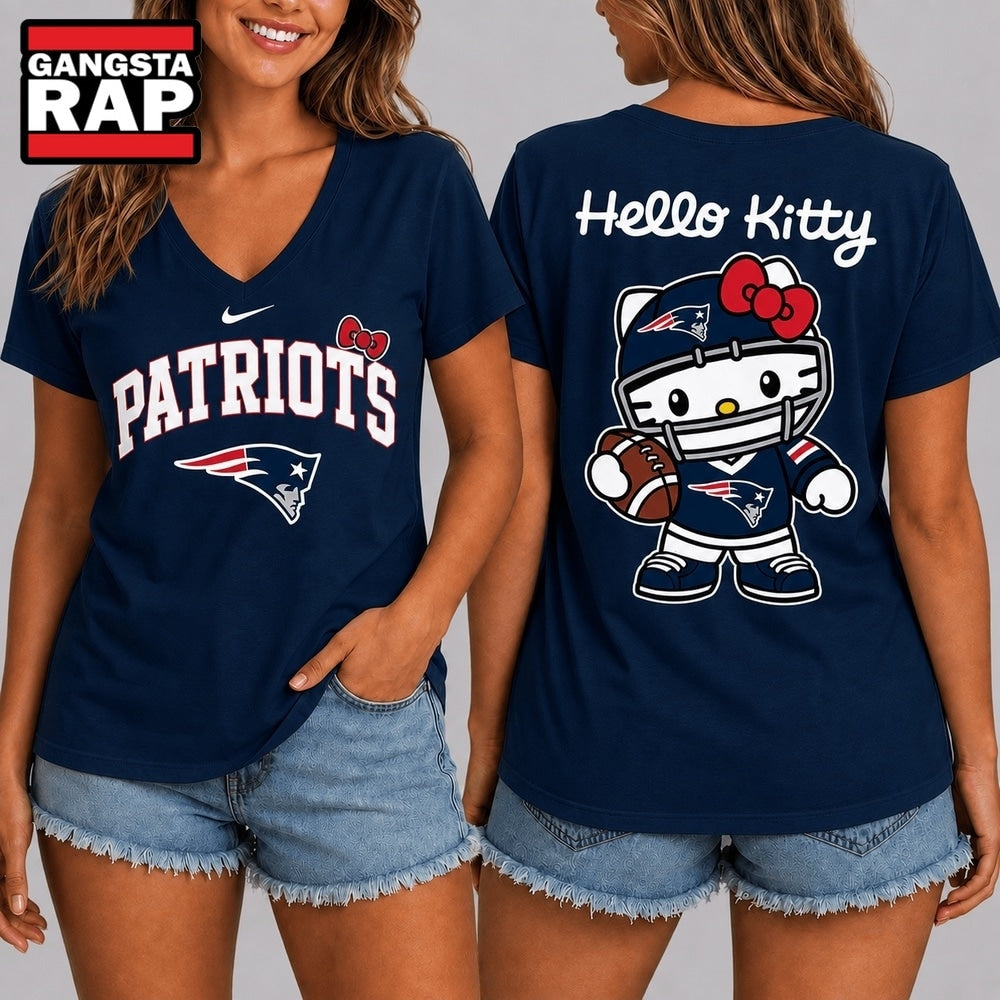 New England Patriots NFL Hello Kitty Football V Neck T Shirt