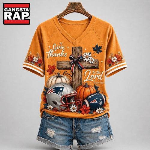 New England Patriots NFL Thanksgiving Faith And Football V Neck T Shirt