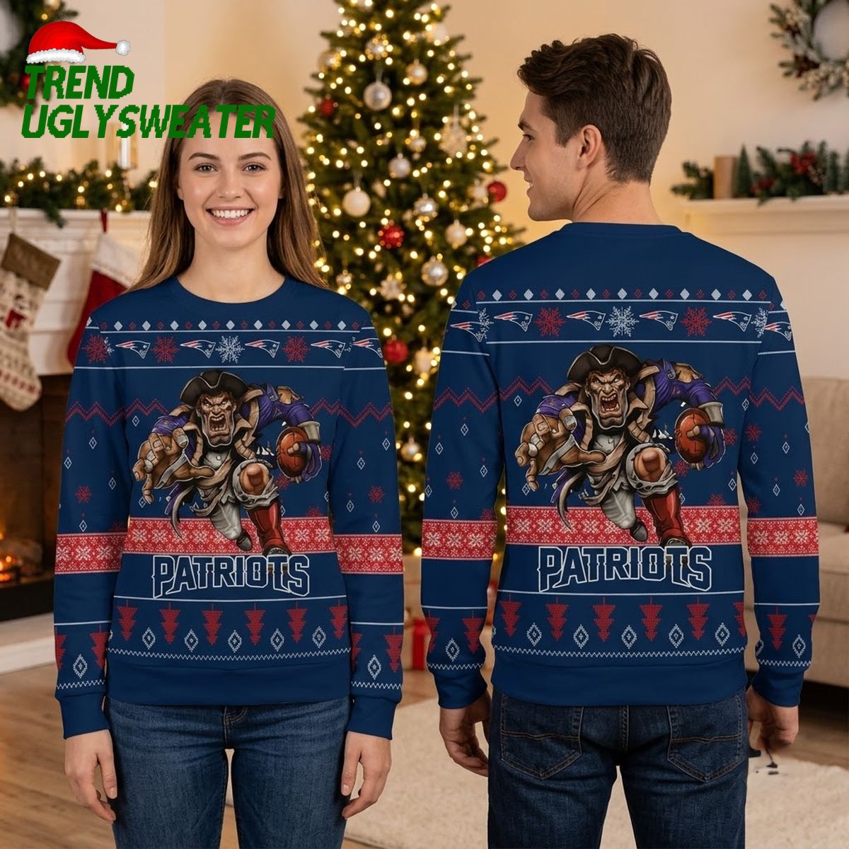 New England Patriots Rushing Pat Patriot Mascot Ugly Christmas Sweater