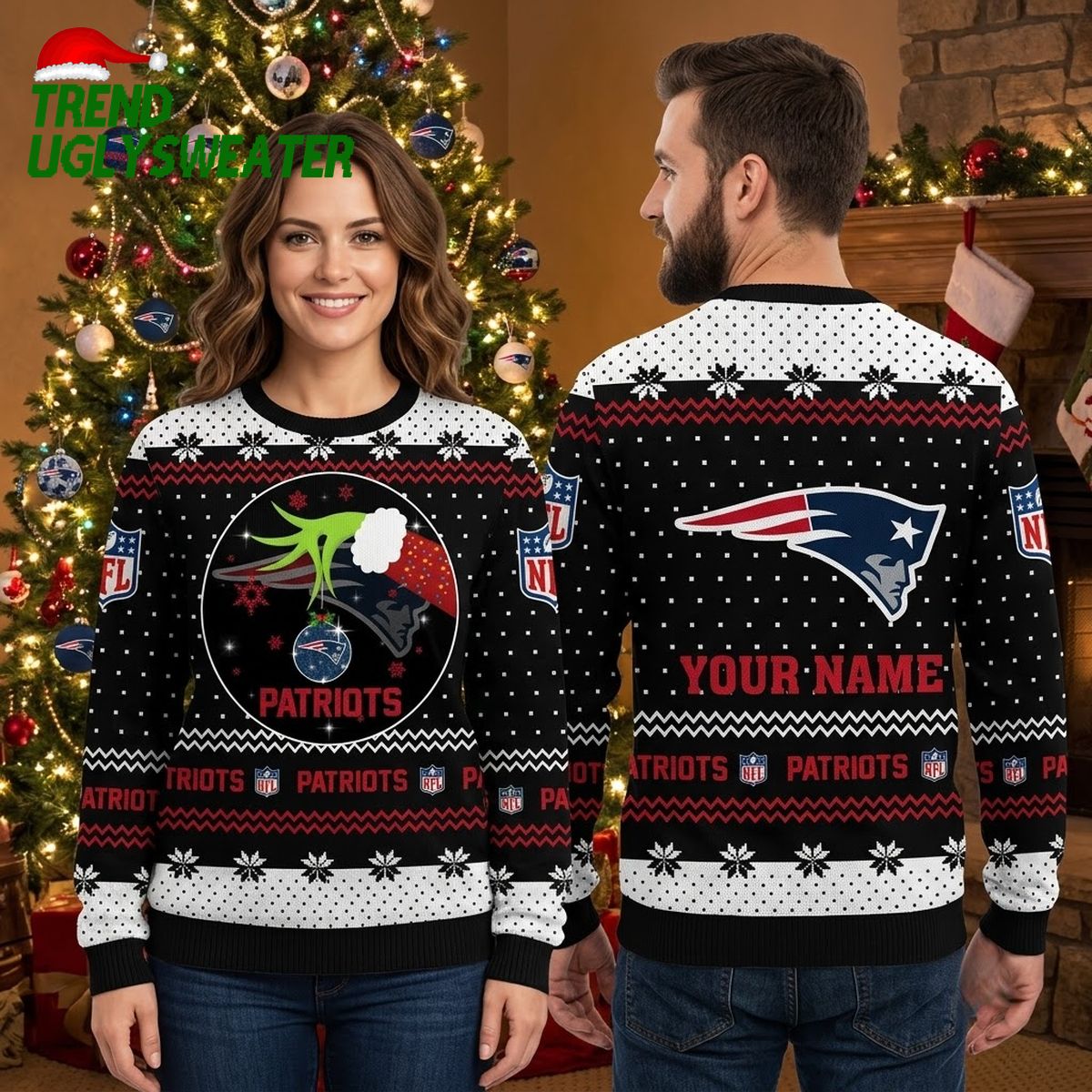New England Patriots Santa Hat Logo Custom Name Ugly Christmas Sweater