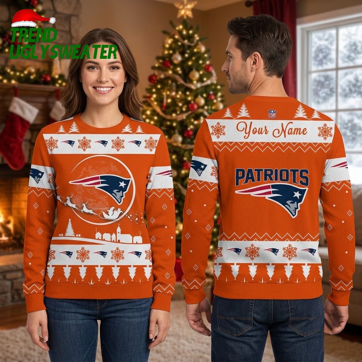 New England Patriots Santa Sleigh Custom Name Ugly Christmas Sweater