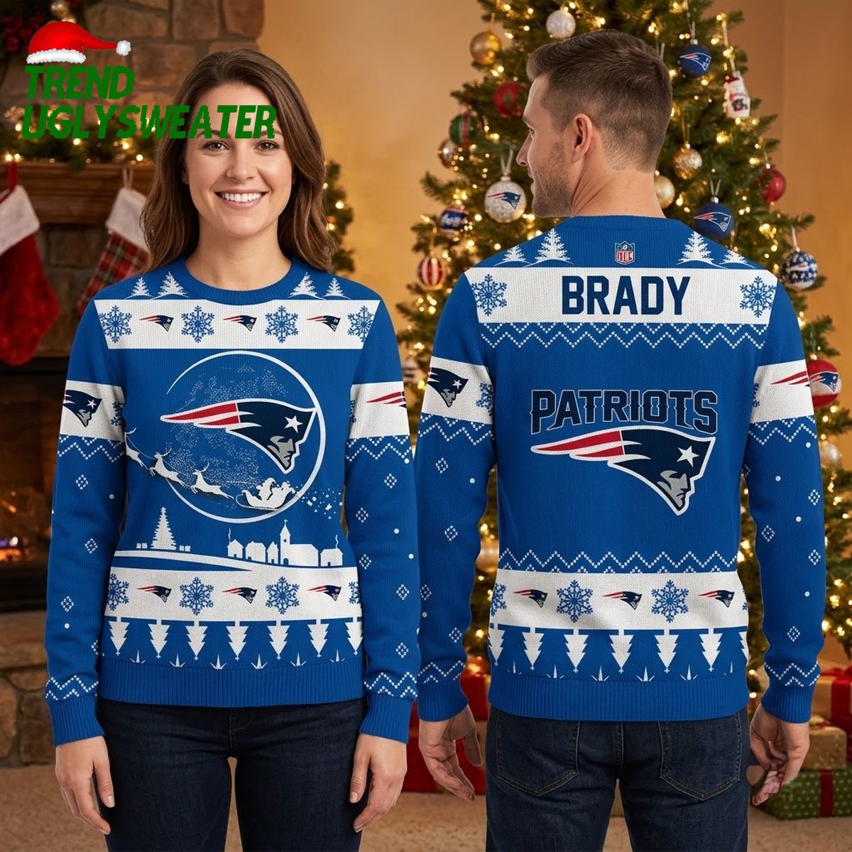 New England Patriots Santa Sleigh Logo Custom Name Ugly Christmas Sweater