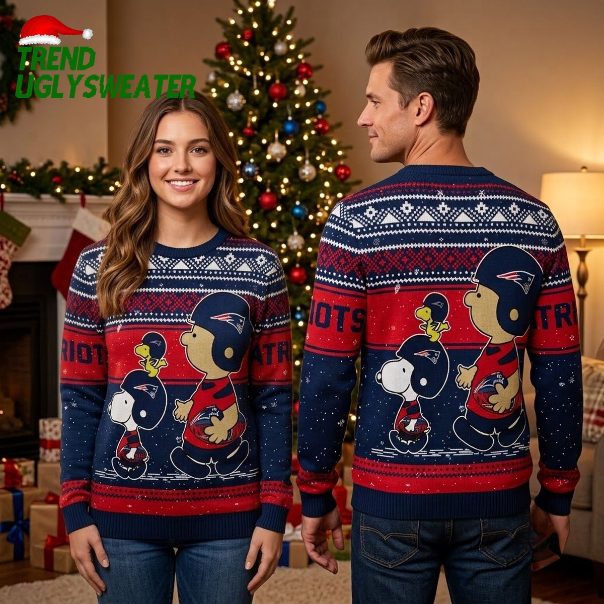 New England Patriots Snoopy And Woodstock Football Ugly Christmas Sweater